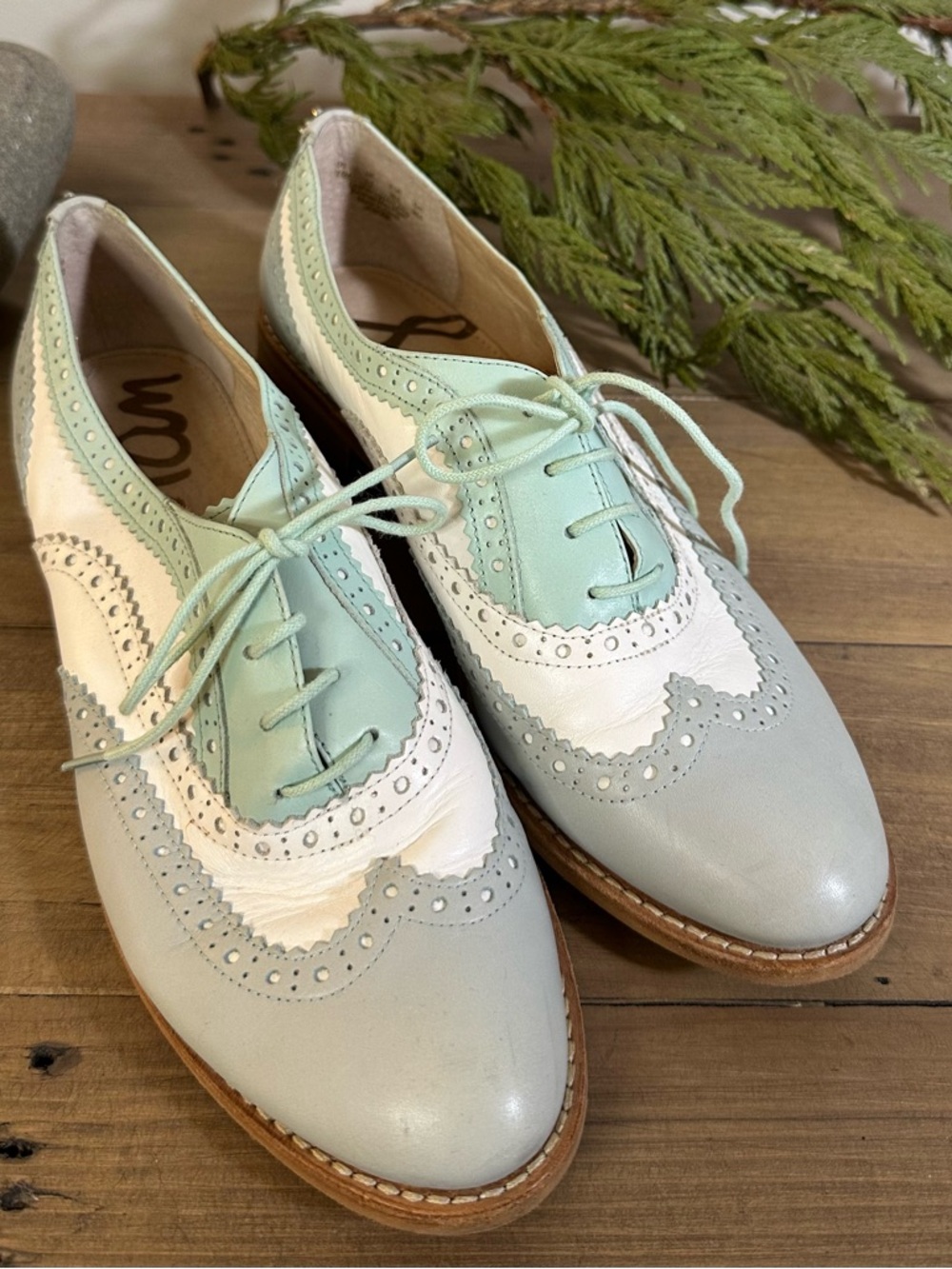 Sam Edelman Pastel Mint, White & Light Blue/Gray Jerome Brogue Oxford Flats